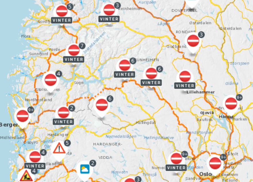 Mapa zawierająca utrudnienia na drodze towarzyszące kierowcom 29 grudnia.